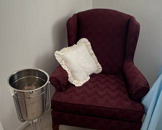 2 fabric covered wing back chairs & a wine/champagne stainless steel ice bucket stand