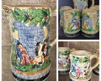 Vintage beer pitcher with 6 mugs..German style Mgolica made in Japan