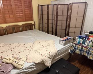 King bed and Headboard, room divider, bed linens, towel sets, Personal Care items.