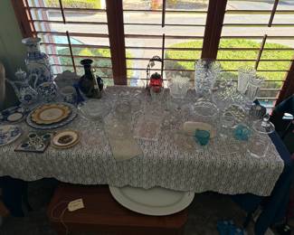 Crystal, Glass ware.  Blue and White Pottery.  Antique pickle Castor. 