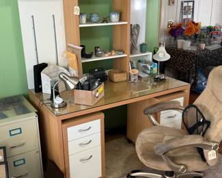 Office Desks, Office chair, Office file cabinets, lamps and organization. 