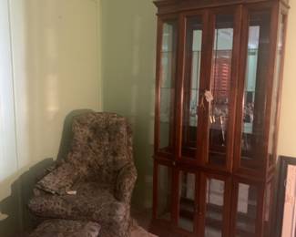 Chair and foot stool, curio cabinet