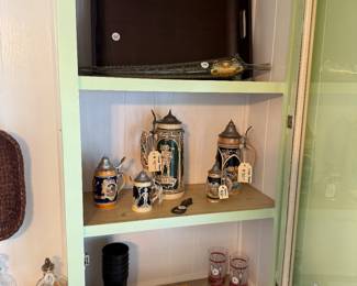 German Steins, Wood serving Tray, vintage drinkware.