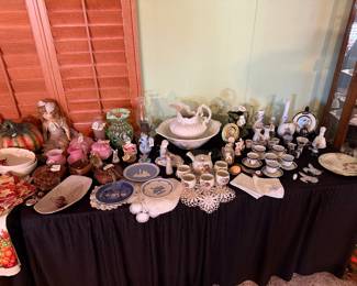 Antique and vintage items.  Madame Alexander Wendy Ann Doll, Victorian Pink Satin Guttate Fostoria Glass Covered Plate, Cream and Sugar and vase.  Jefferson Green Buttons and Braids Opulescent water pitcher.                   Antique Pitcher and wash basin.