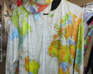 Vintage 1990's "Wearing The World" all over World Map Windbreaker Jacket & Matching Cap, Size Med.