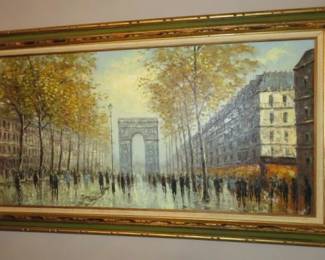 Large Vintage Parisian Street Scene Framed Canvas Oil Painting. Artist signed, Rivira