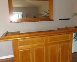 2 Piece Oak Straight Bar & Wall Mirror with Wine Glass Holder