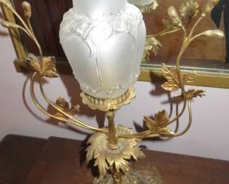 Art Nouveau or Victorian Style Brass Table Lamp with a Frosted Glass Floral Shade