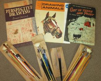 Vintage Collection of Art Instruction Drawing/Painting Books and Paintbrushes