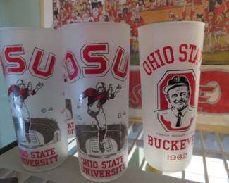 Vintage 1962 OSU Ohio State University & Coach Woody Hays Buckeyes Frosted Highball Glasses