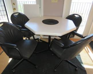 Vintage White/Black Chromcraft Mid-Century Dining Kitchen Table Set with 4 Black Swivel-Tilt Caster Chairs & Leaf