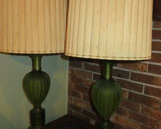 Pair Vintage Marbro Seguso Murano "Corroso" Green Glass Table Lamps