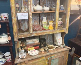 antique painted hutch/cabinet, owl figurine, glasses, tea set