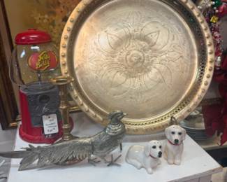 unusual brass tray, Jelly Belly gumball machine, salt and pepper shakers (dog), vintage brass pheasant