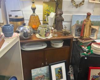 vintage amber lamp, framed art, dishes, tea pot, vintage ice bucket