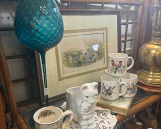 cat and kitten planter, bird mugs, framed art