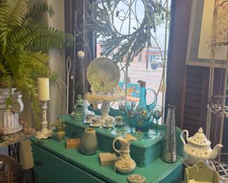 Aqua dresser, tea pot, pitcher, wreath and more