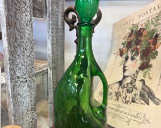 Vintage Green Glass Wine Decanter, Genie bottle style