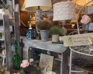 Beautiful lamps, metal chair, tea set