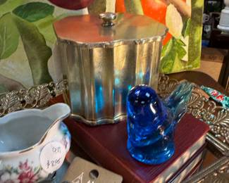 bluebird of happiness figurine, brass tea container or vanity piece, hollywood regency mirror