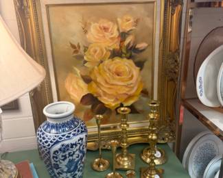 floral oil, blue and white dragon vase, vintage brass candlesticks, floral oil