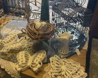 vintage hanging butterflies, doilies, bird, bird's nest, bird cage