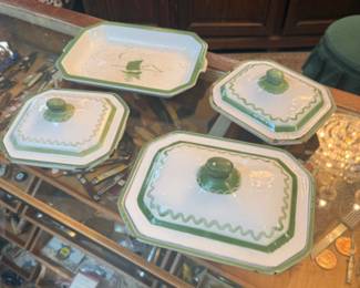Set of Klafrestrom enameled cast iron baking dishes or casseroles with a green sailboat design, made in Sweden