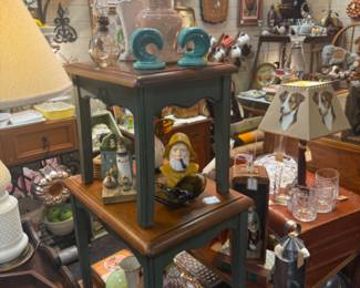 beautiful green and brown end tables, lamps, book ends, tea cup and saucer, figurines