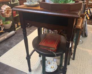 vintage table and side table/plant stand, copper bundt pan