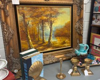 gorgeous floral oil painting, antique dresser, pottery pitcher, shell brass bookends, vintage books for decorating