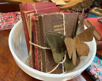 Fire King bowl, brass and copper butterflies, vintage book bundles for decorating