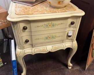 marble topped french provincial side table with hand painted floral motif