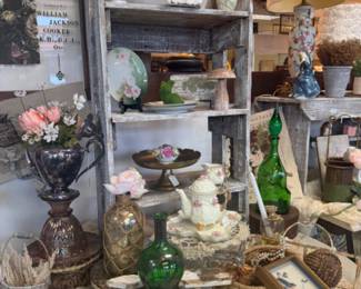 Tea set, green glass vase, silver and brass pieces, collectible plates, framed bird art