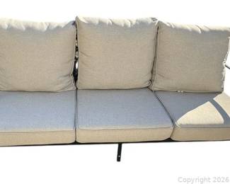 Phi Villa Black Metal Slatted Frame Outdoor Patio 3 Seat Sofa Couch with Beige Cushions and Protective Weather Cover