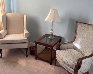 Comfy upholstered chairs, one of two wood end tables