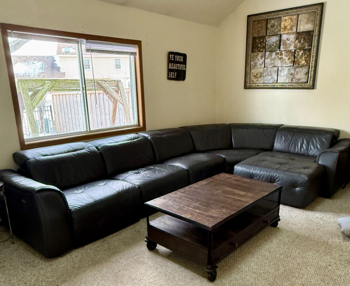Beautiful Leather Sectional with Power Recliner and Chaise.  Shown withRestoration Hardware 2 Tier  Industrial Coffee Table on Wheels