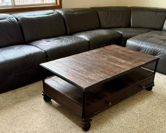 Beautiful Leather Sectional with Power Recliner and Chaise.  Shown withRestoration Hardware 2 Tier  Industrial Coffee Table on Wheels