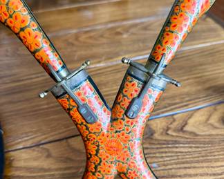 Vintage Knife and Fork Set in Red/Orange Gilded Sheath Stand