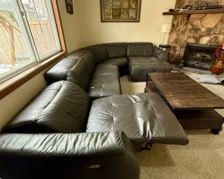 Beautiful Leather Sectional with Power Recliner and Chaise.  Shown withRestoration Hardware 2 Tier  Industrial Coffee Table on Wheels