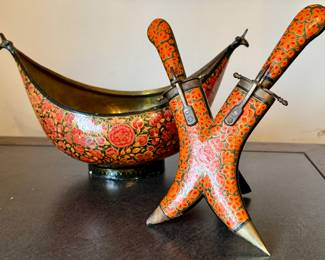 Cool Brass Hand Painted Bowl and Knife and Fork Set