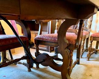 Mid-Century Spanish Baroque Style Pedestal Dining Table (2 Leaves) and Six Dining Chairs in same style.