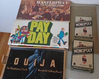 Board games
Vintage Monopoly 
Ouija
Masterpiece and Pay Day