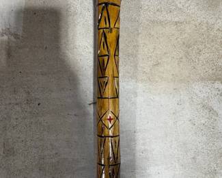 HandCarved Wooden Walking Stick or Cane with Geometric and Red Cross Carvings