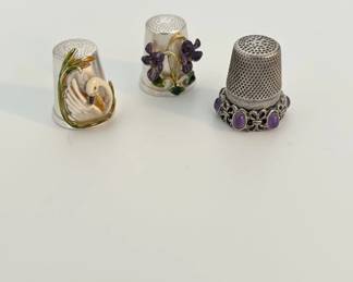 Set of Three Decorative Sterling Silver Thimbles with Gemstones and Enamel third image