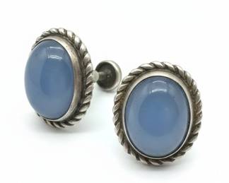 Antique Sterling Silver and Blue Chalcedony Rope Bezel ScrewBack Earrings fourth image