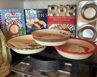 Vintage Ceramic Pie Plates and Cookbooks Lot with Metal Muffin Tin