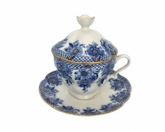 Imperial Lomonosov Porcelain Covered Cup and Saucer Set  Cobalt Net Pattern fourth image