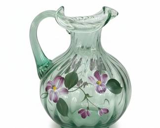 Fenton Hand Painted Vining Garden Sea Mist Green Glass Basket with Pitcher sixth image