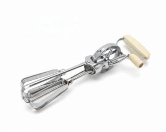 Vintage Manual Hand Crank Egg Beater Whisk with Cream Bakelite Handle Made in Hong Kong third image