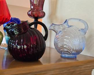 Cambridge Glass Caprice Moonlight Blue 32oz Ball Pitcher  And Anchor Hocking Ruby Red Swirl Glass Ball Pitcher